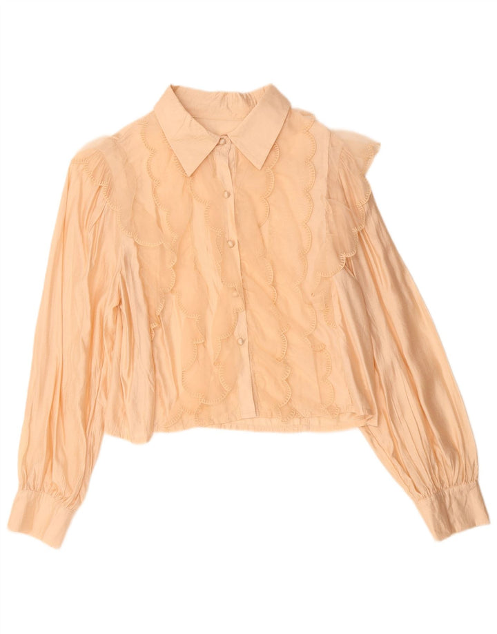 Vintage mujer crop volante camisa delantera blusa Reino Unido 14 viscosa beige medio