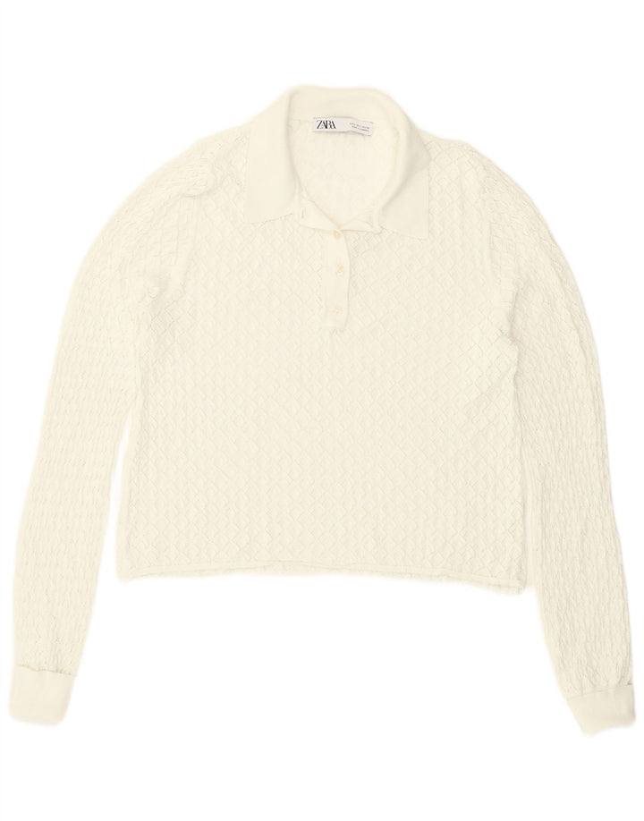 Zara Mujer Top Corto Transparente Manga Larga UK 40 Grande Blanco
