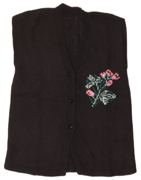 Vintage mujer gráfico sin mangas cardigan suéter Reino Unido 14 grande negro floral