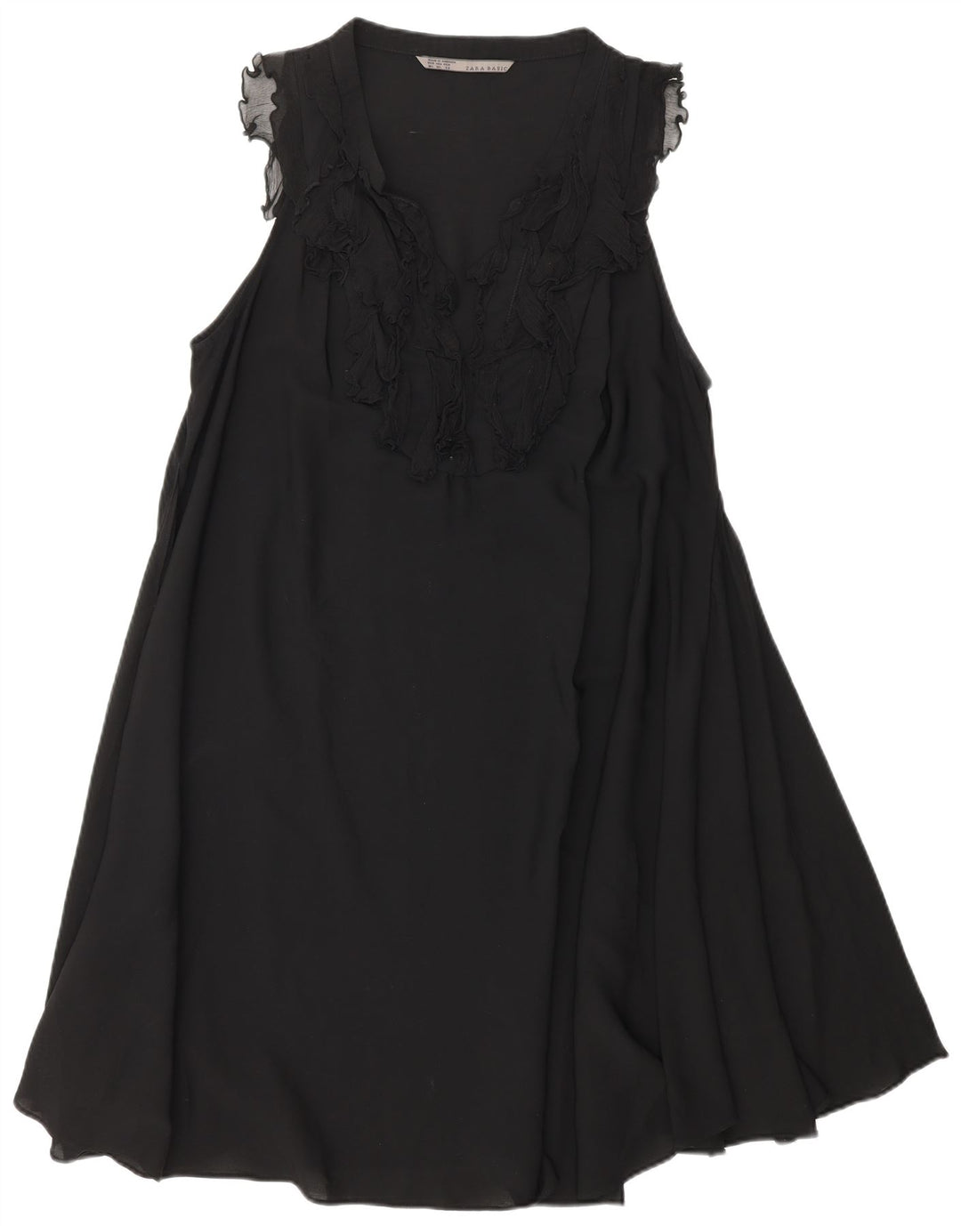 ZARA Mujer Vestido Acampanado Con Volantes En La Parte Delantera ES 40 XL Poliéster Negro