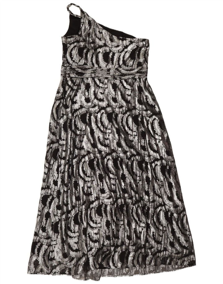 Monsoon Vestido largo de mujer con estampado abstracto y un hombro, talla grande, color plateado