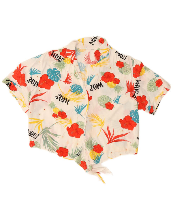 VINTAGE Mujer Crop Front Tie Shirt Blusa Reino Unido 16 Grande Blanco Floral