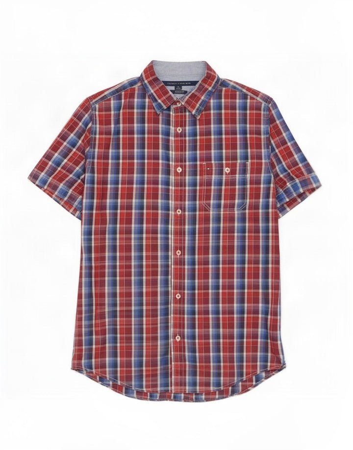 Camisa Tommy Hilfiger de manga corta con ajuste personalizado para hombre de algodón a cuadros rojos medianos