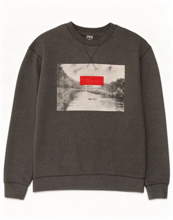 Zara Hombre Sudadera Gráfica Jumper Small Gris Algodón