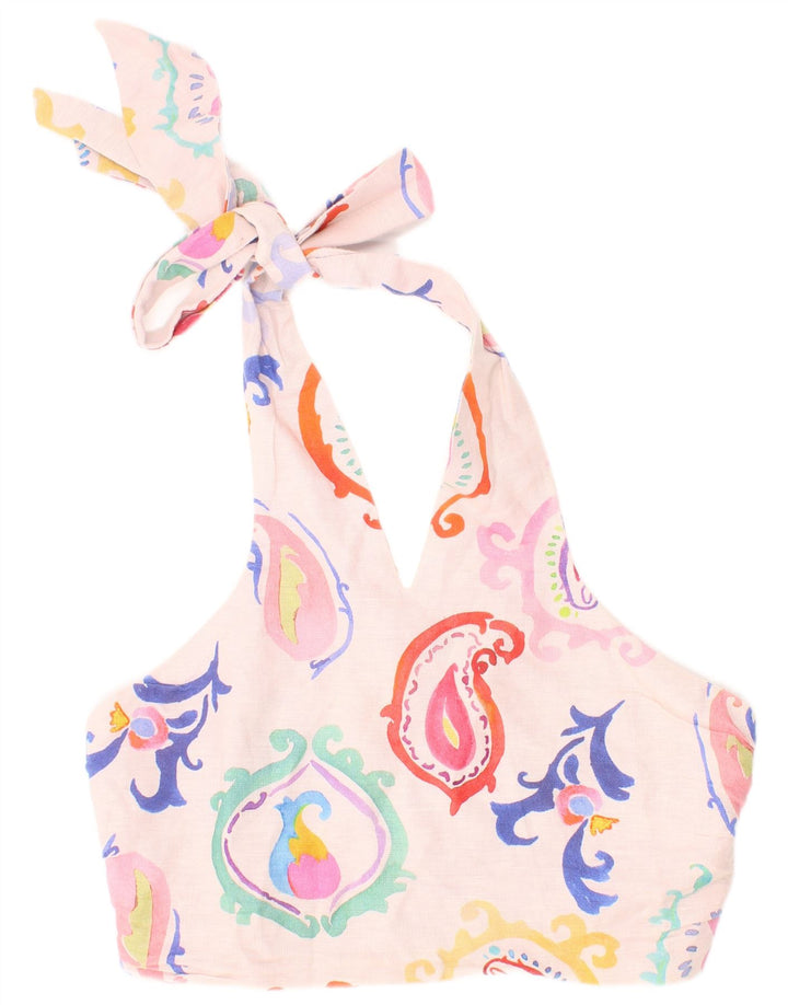 Zara Mujer Top Corto Halter Con Gráfico Pequeño Paisley Rosa