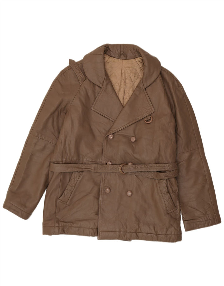 Vintage hombres abrigo de cuero de doble pecho IT 56 3XL Marrón