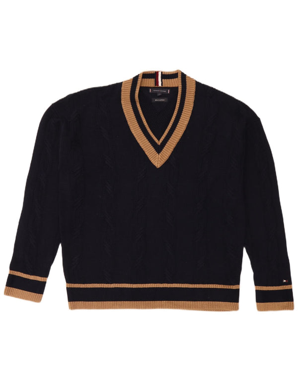 Tommy Hilfiger Jersey con Cuello en V para Hombre de algodón a Rayas Azul Marino Medio