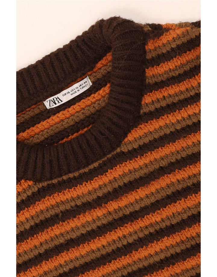 Zara Hombre Jersey Cuello Redondo Jersey XL Marrón Rayas