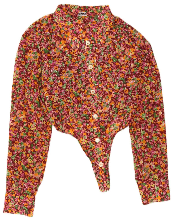 Vintage mujer manga larga body UK 12 medio multicolor floral