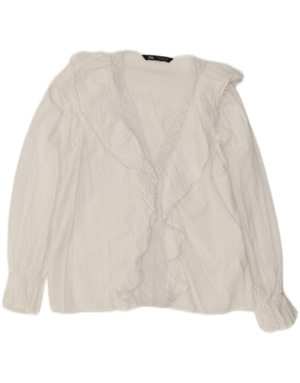 Zara Blusa de Manga Larga con Volantes en la Parte Delantera para Mujer UK 10 Small White Cotton