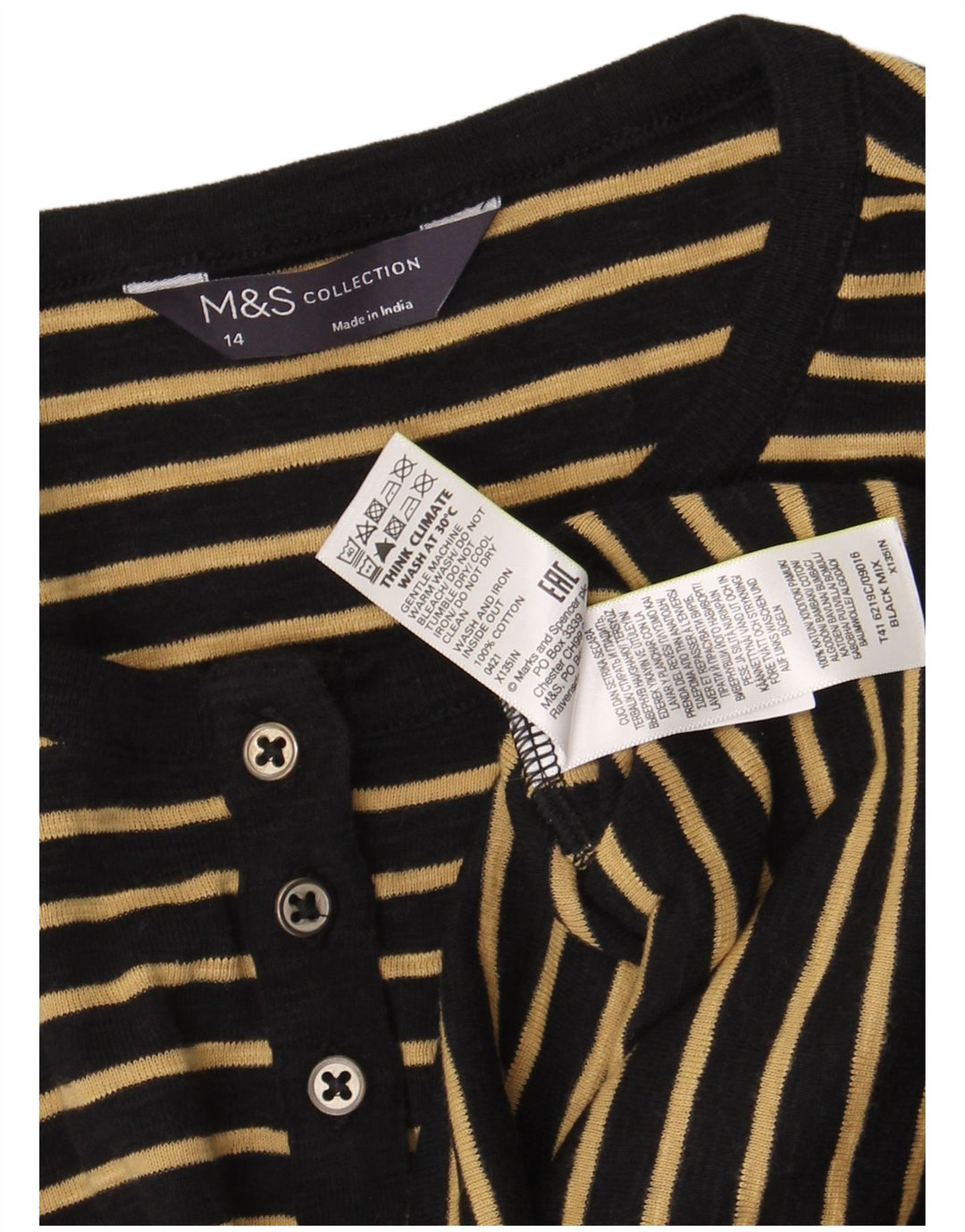 Marks & Spencer Top para mujer de manga larga UK 44 Algodón a rayas negro mediano