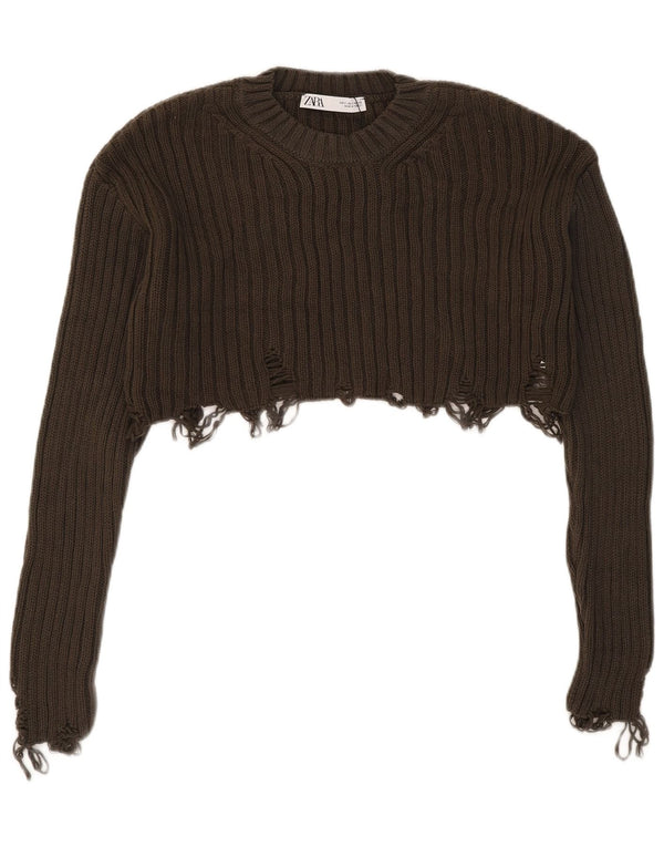Zara Mujer Crop Distressed Crew Neck Jumper Sweater UK 10 Small Caqui