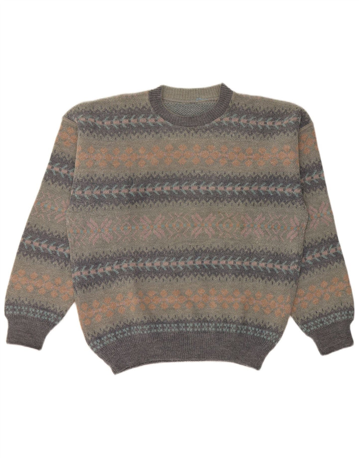 Vintage hombres cuello redondo jersey suéter grande gris feria isla lana