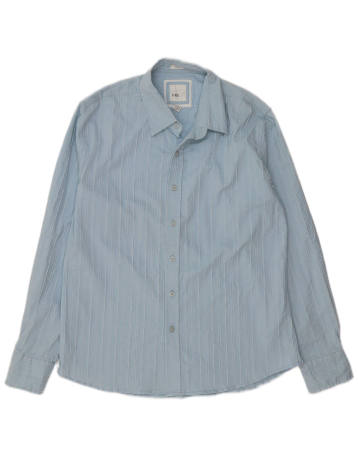 BKE Camisa slim fit para hombre de algodón a rayas azules grandes