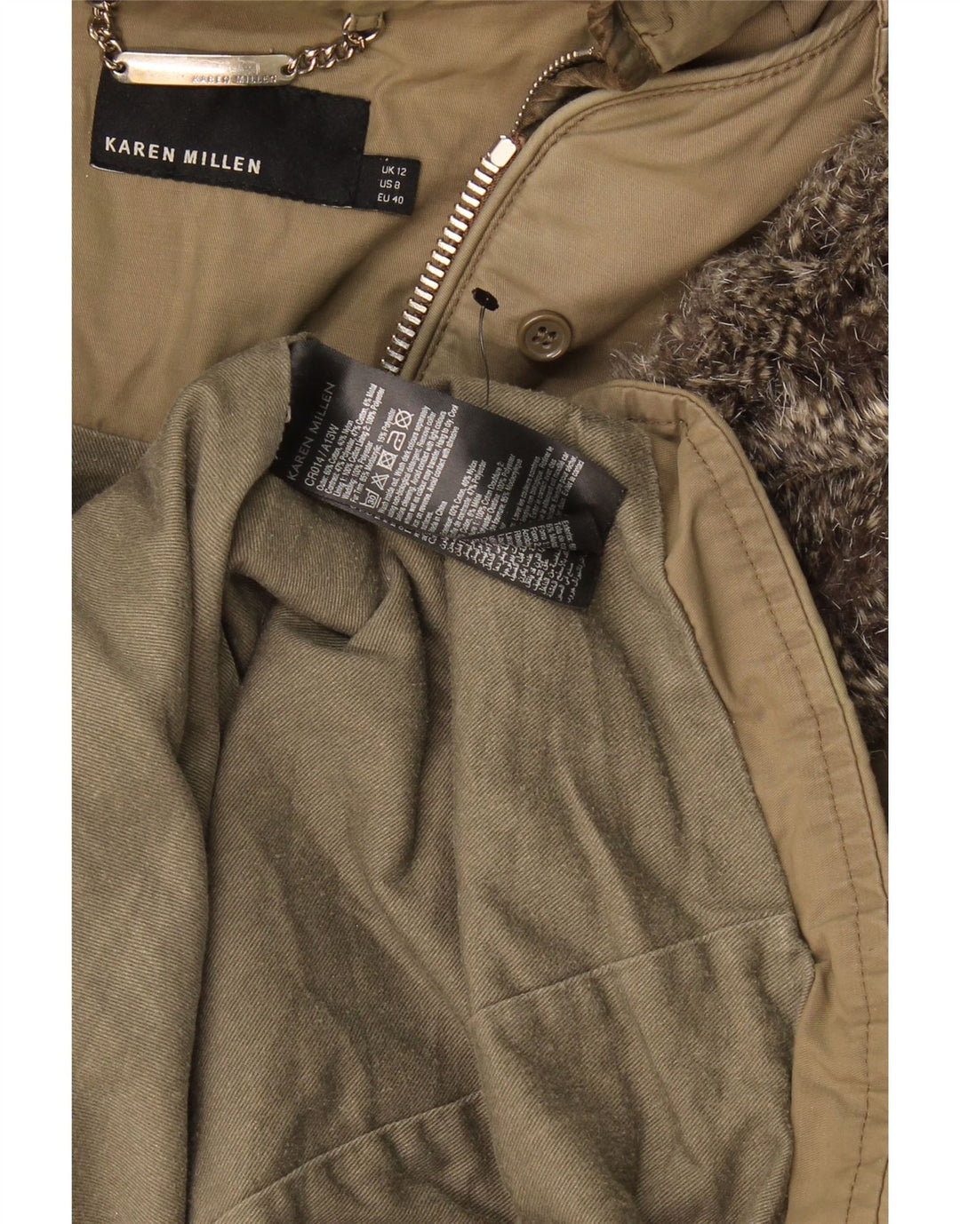 Karen Millen Chaqueta Parka con Capucha para Mujer UK 12 Poliéster Caqui Mediano