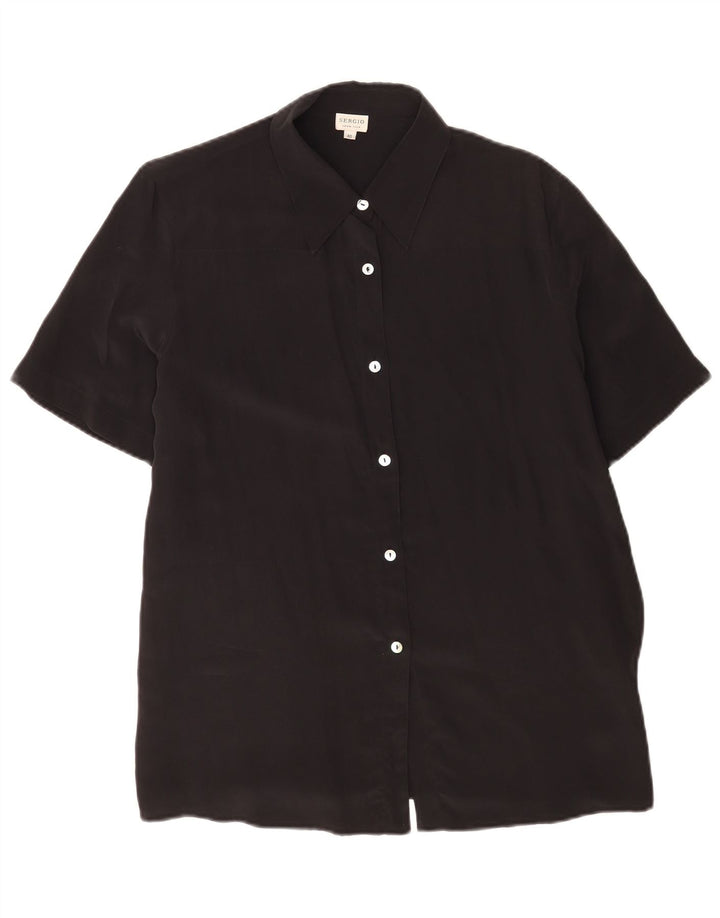 Vintage mujer manga corta camisa regular EU 40 seda negra mediana