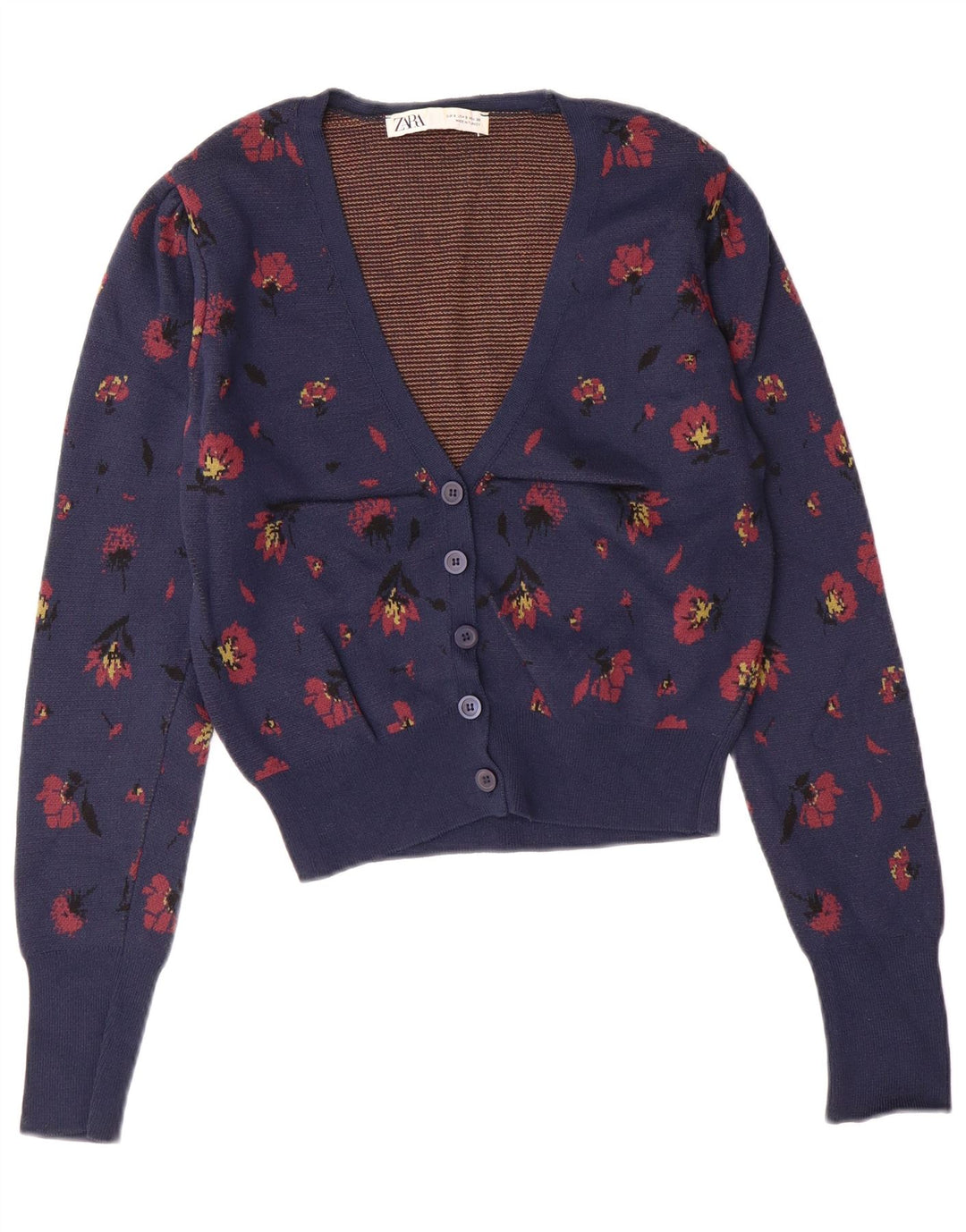 ZARA Mujer Crop Cardigan Suéter UK 10 Small Azul Marino Floral Poliamida