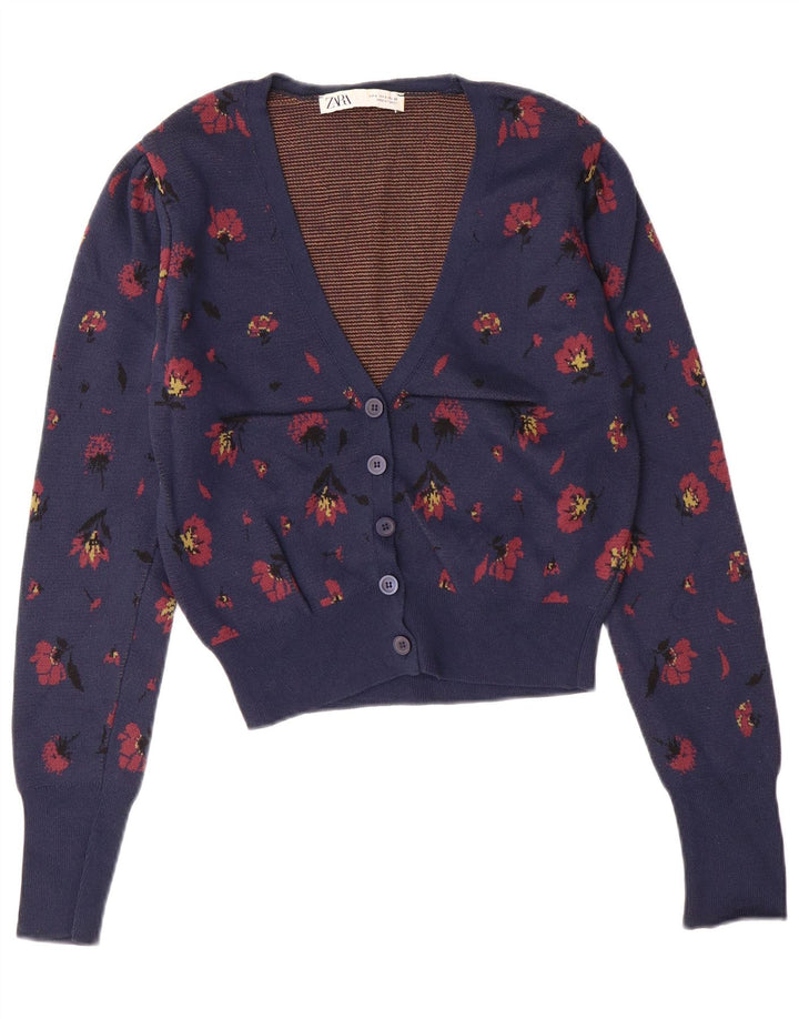 ZARA Mujer Crop Cardigan Suéter UK 10 Small Azul Marino Floral Poliamida
