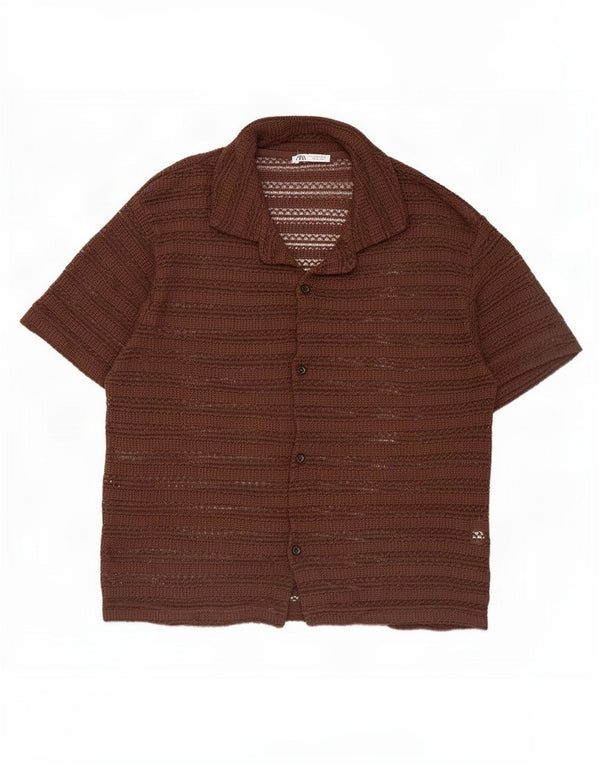 Zara Hombre Camisa Manga Corta Large Algodón Rayas Marrón