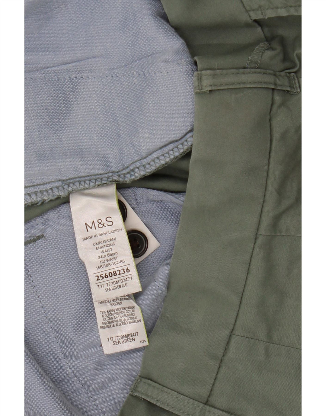 Marks & Spencer Pantalones cortos chinos para hombre W34 Algodón verde grande