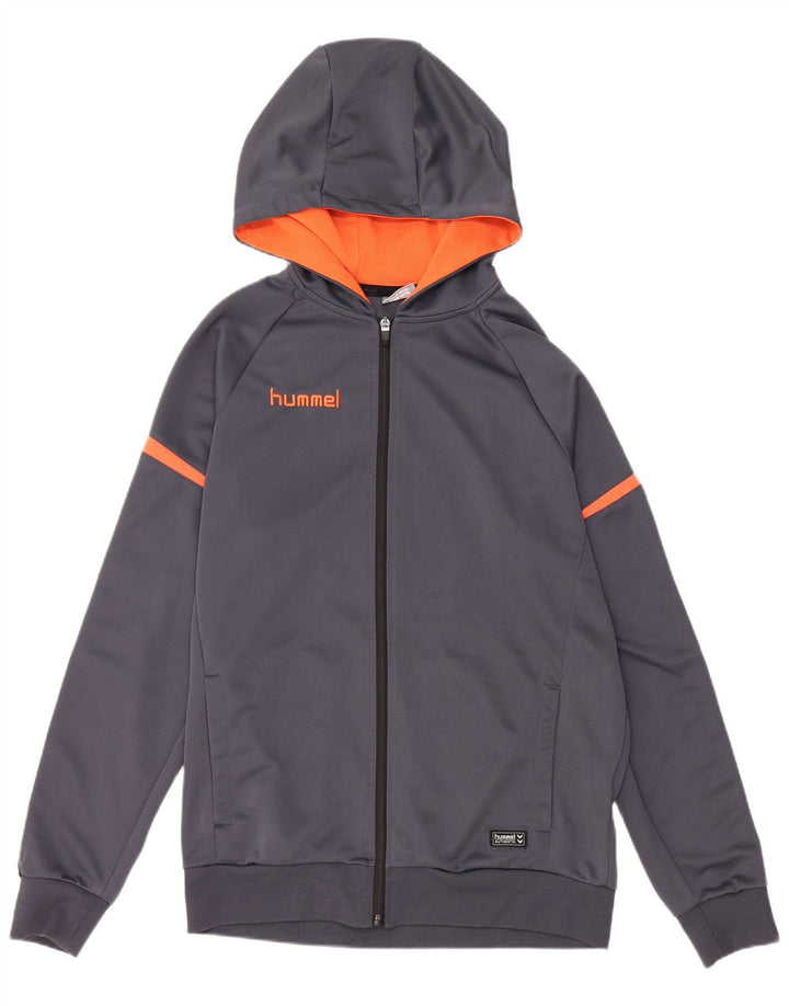 HUMMEL Suéter con capucha y cremallera gráfica para hombre Poliéster en bloques de color gris grande