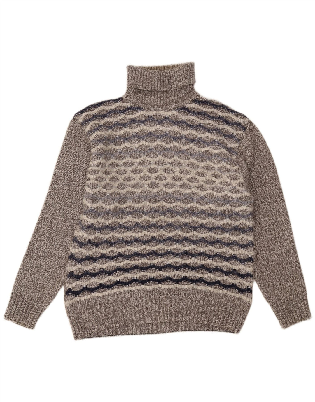 Vintage hombres rollo cuello jersey suéter grande gris rayas lana