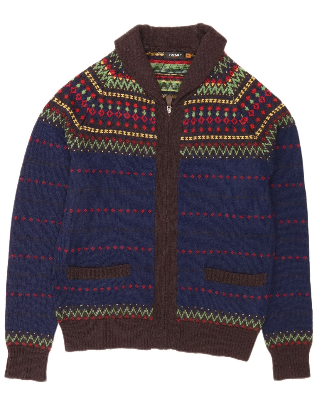 Farah Hombre Cárdigan Con Cremallera Completa Suéter De Lana Fair Isle Azul Medio