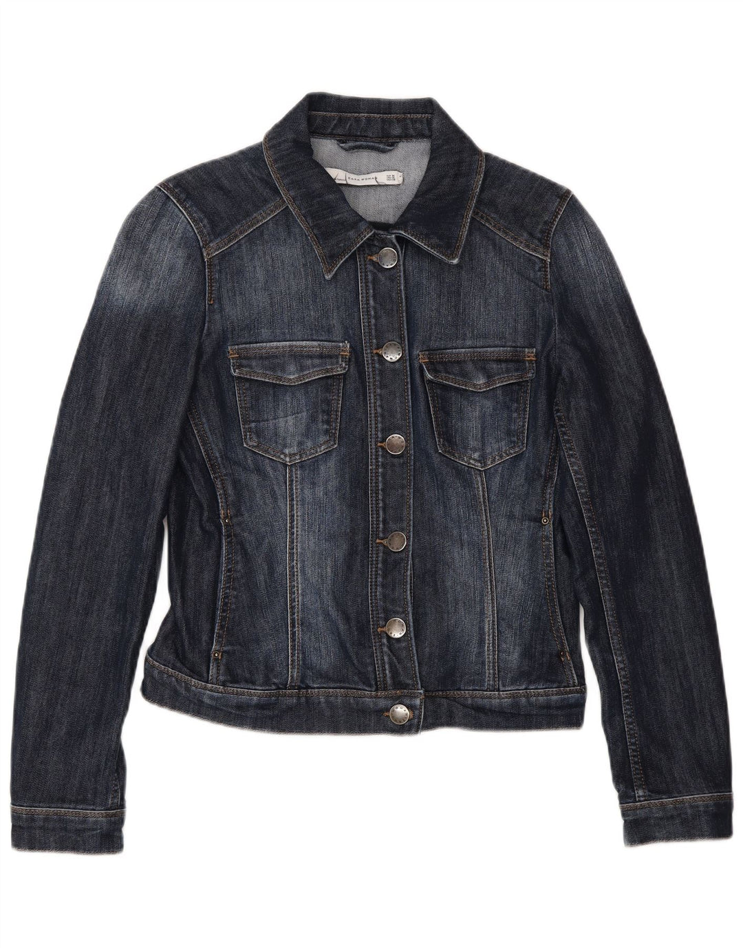 Zara Mujer Crop Denim Chaqueta UK 12 Medio Azul Marino Algodón