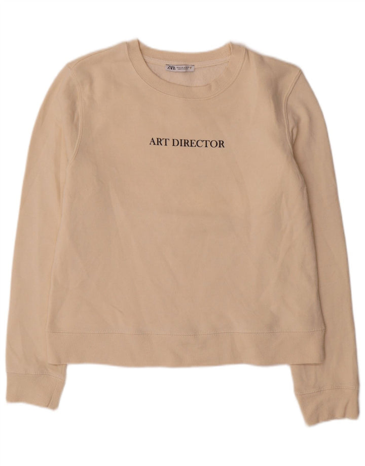 Zara Mujer Sudadera Gráfica Jumper UK 14 Medium Off White Algodón