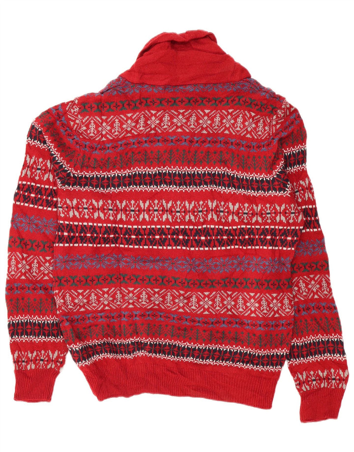 Marks & Spencer Suéter tipo jersey con cuello chal para hombre, color rojo medio, Fair Isle