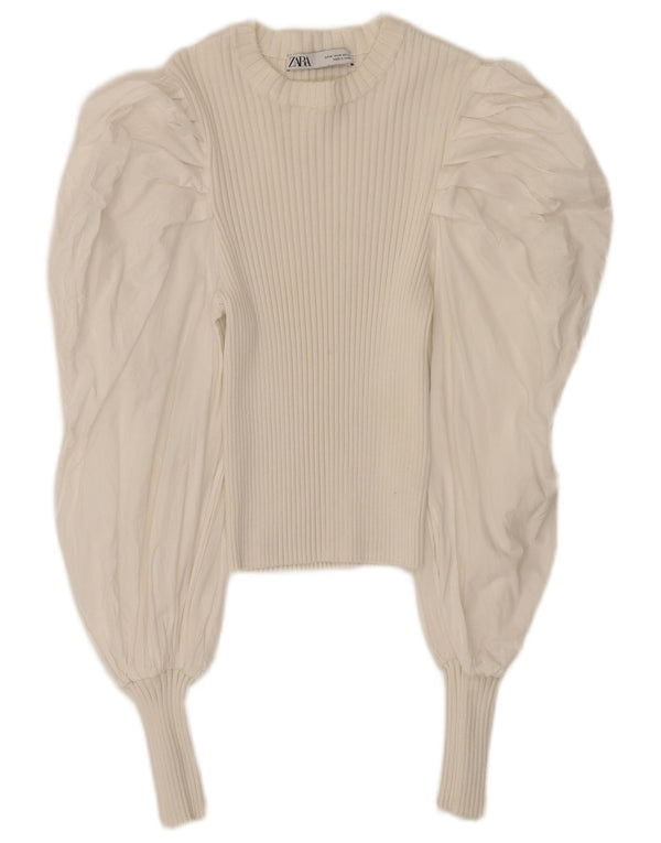 Zara Blusa Corta De Manga Larga para Mujer Top UK 12 Medium White Cotton