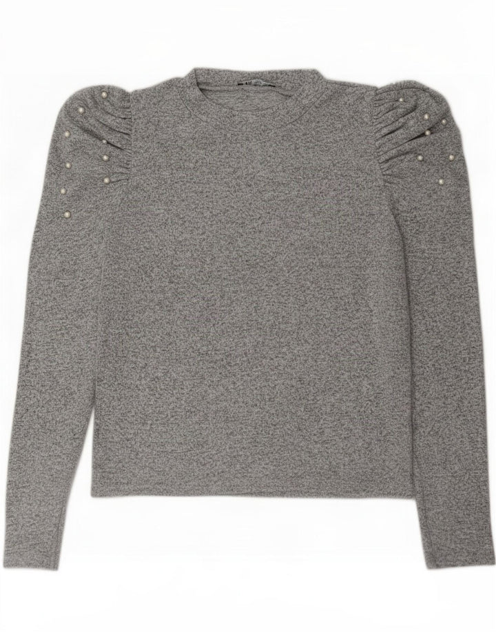Zara Mujer Top Manga Larga UK 46 Grande Gris Moteado