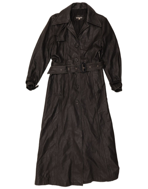 Vintage mujer cuero abrigo Reino Unido 16 grande negro