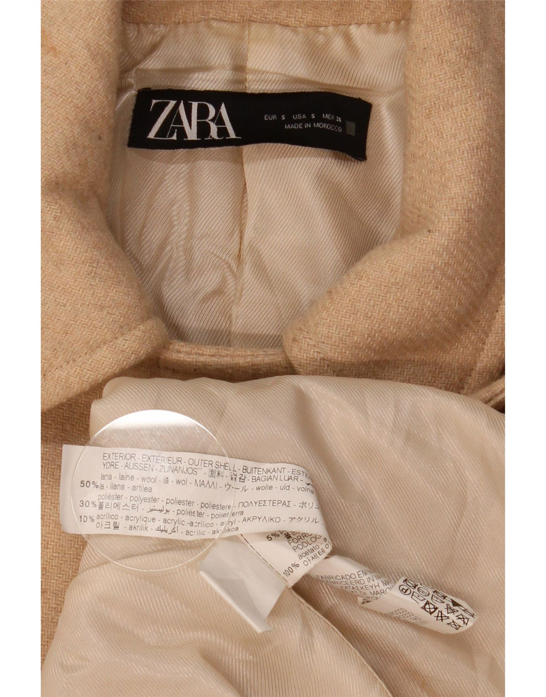 Zara Mujer Abrigo De Doble Botonadura UK 10 Small Beige Herringbone Wool