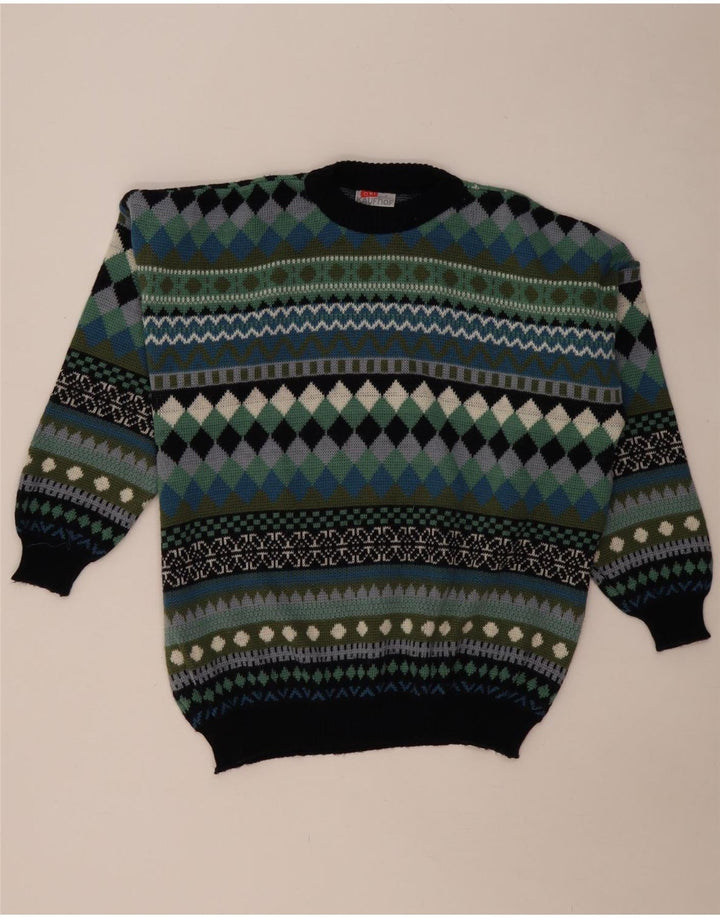 VINTAGE Hombres Crew Neck Jumper Suéter Medio Multicolor Geométrico
