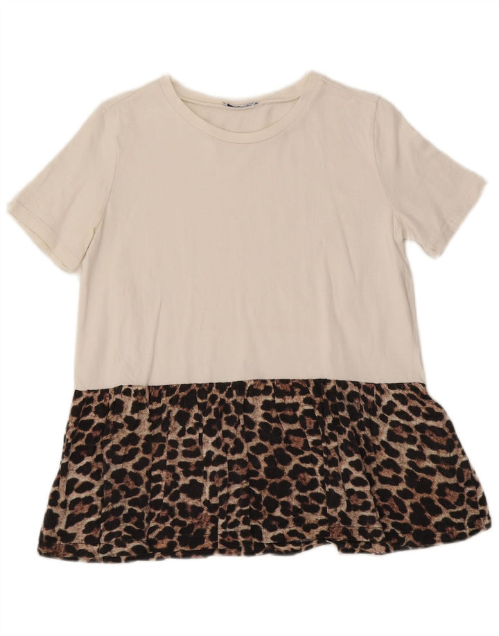 Zara Mujer Blusa Top UK 40 Mediano Blanco Estampado Animal