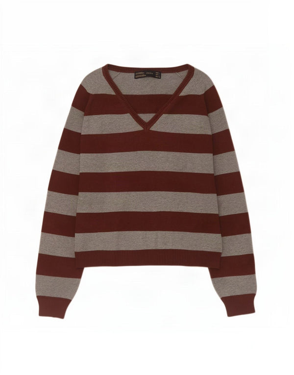 Zara - Jersey corto con cuello en V para mujer, talla 40, algodón a rayas gris grande