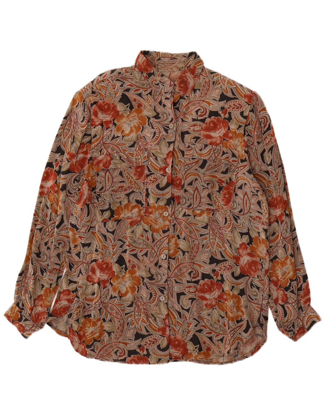 VINTAGE Blusa camisa mujer Reino Unido 16 Grande Marrón Floral
