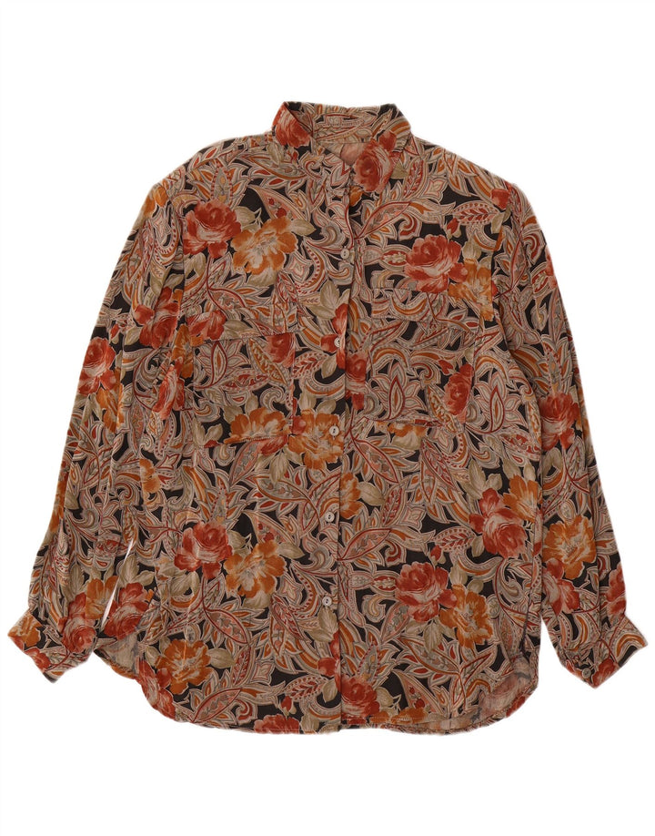 VINTAGE Blusa camisa mujer Reino Unido 16 Grande Marrón Floral