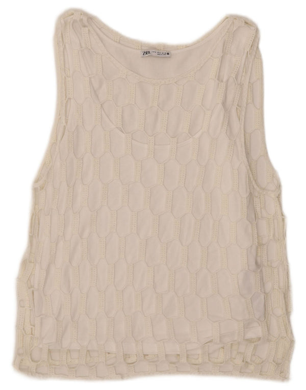 Zara Mujer Chaleco De Punto Top UK 44 Algodón Blanco Mediano