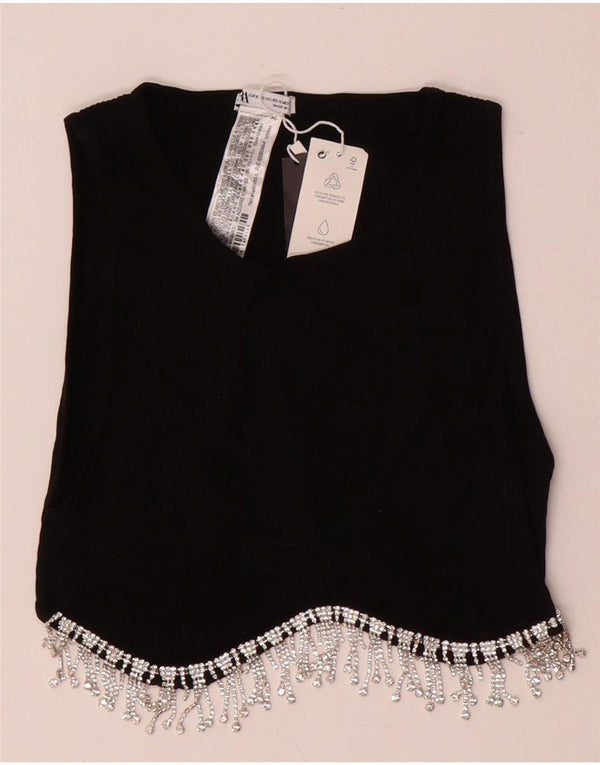 Zara Mujer Blusa Corta Sin Mangas Top UK 4 XS Nylon Negro