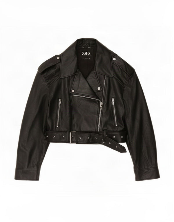 Zara Mujer Crop Chaqueta Biker De Piel Sintética UK 40 XL Poliuretano Negro