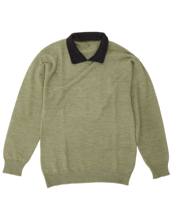 Vintage hombres polo cuello jersey suéter medio verde colorblock