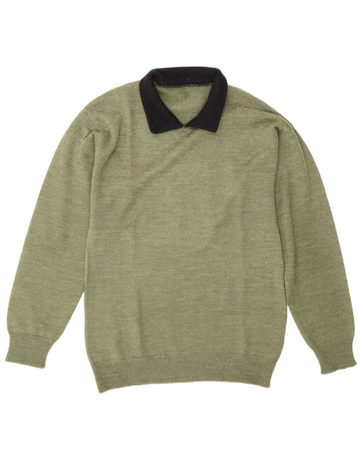 Vintage hombres polo cuello jersey suéter medio verde colorblock