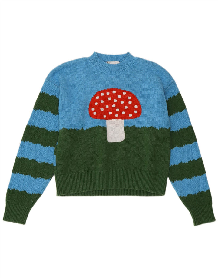 ZARA Mujer Crop Crew Neck Jumper Sweater UK 10 Small Azul Colorblock