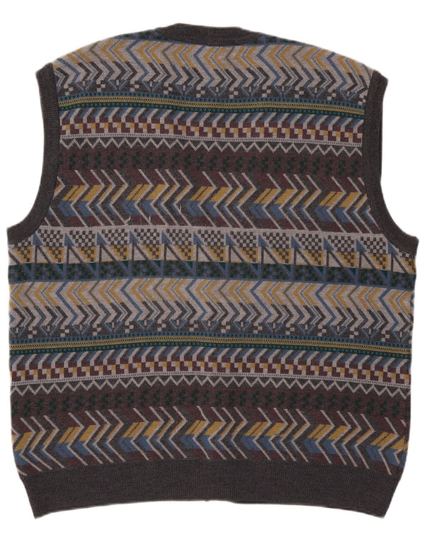 Vintage hombres sin mangas Cardigan suéter IT 56 XL lana geométrica gris