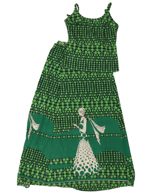 Vintage mujer gráfico 2 piezas falda conjunto IT 46 grande W34 verde geométrico