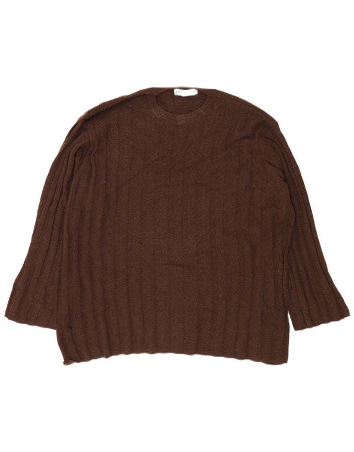 Zara Mujer Jersey De Cuello Redondo Extragrande UK 44 Poliamida Marrón Medio