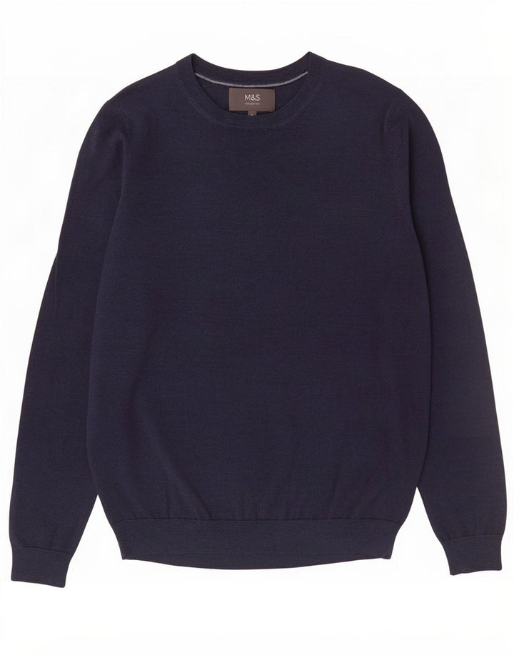 Marks & Spencer Jersey con Cuello Barco para Hombre Lana Merino Azul Marino Medio