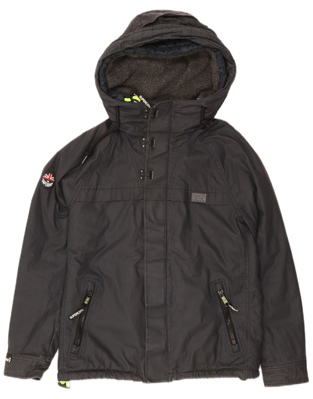 Superdry Chaqueta cortavientos con capucha para hombre, Reino Unido 40, logotipo azul marino grande